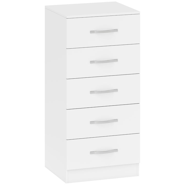 Kommode med 5 skuffer, skuffesektion til tøj og bestik, spånplade, hvid