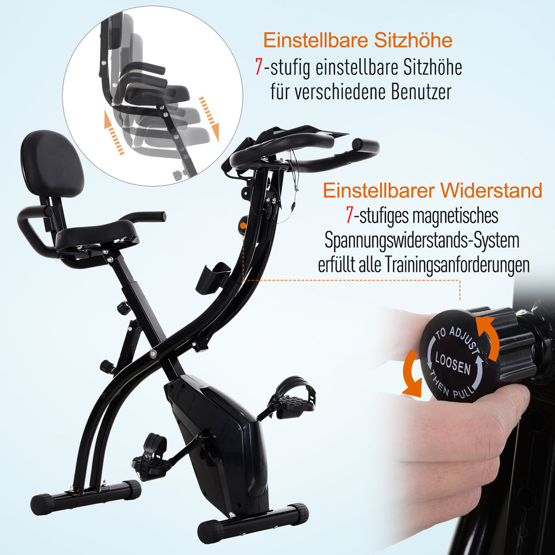 X-bike 2-i-1 motionscykel med lcd-skærm, pulsmåler, foldbar motionscykel med 8 niveauer af magnetisk modstand, 1 par spændereb, stål, sort, 105 x 48 x 118 cm