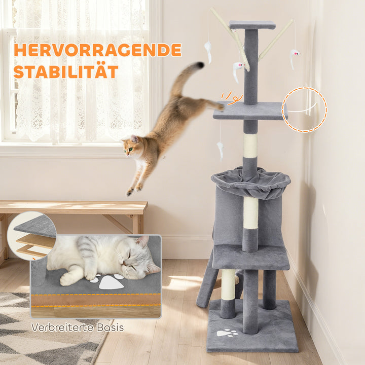 Kradsetræ med hule, 4 legetøj, sisalstolper, stor platform, trappe, til katte under 5 kg, grå