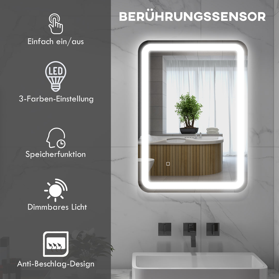 Badeværelsesspejl, oplyst, touch control, anti-dug, dæmpbar, 3 lysfarver, 50x70, sølv