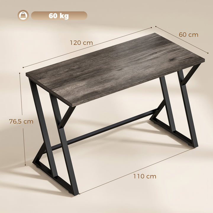 Skrivebord/computerbord 120x60cm, kontorbord med Z-formet metalbase, trælook, industrielt design til kontor, grå