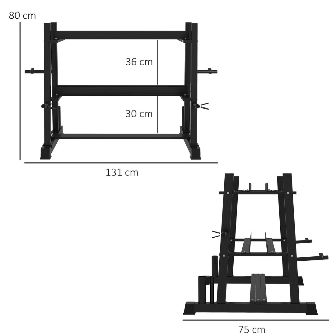 Håndvægtstativ til håndvægte, kettlebells og vægtskiver, 3 niveauer, justerbar, stål, 131 x 75 x 80 cm, sort
