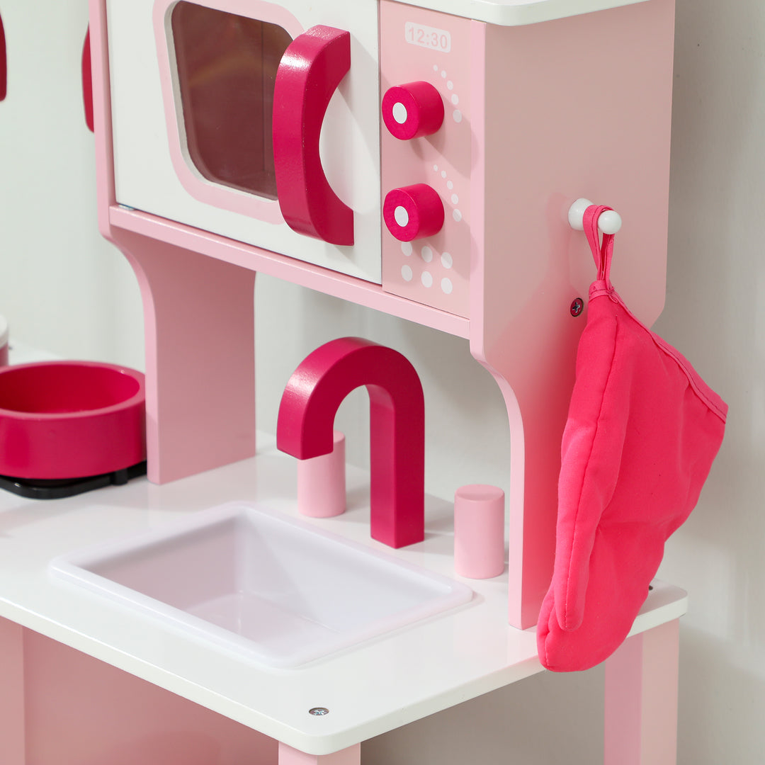 Børnelegekøkken, trætilbehør, køkkenapparater, kompakt, lyde, pink