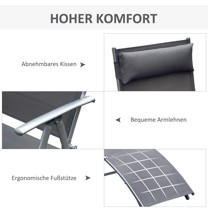 Sammenklappelig liggestol/strandstol med hynde, liggestol med 7-positioners justerbar ryglæn, havestol/afslappende liggestol/havestol, lasteevne op til 165 kg, til have, ferie, udendørs, strand, pool, grå