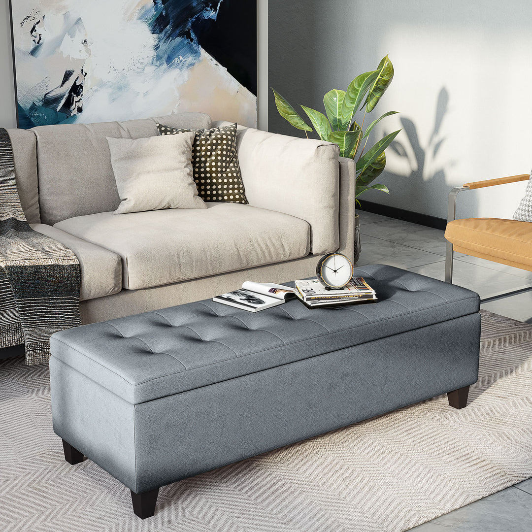 Bænk med opbevaring, fodskammel, entrébænk, knapsyninger, 125,1 cm x 48,9 cm x 41,3 cm, grå