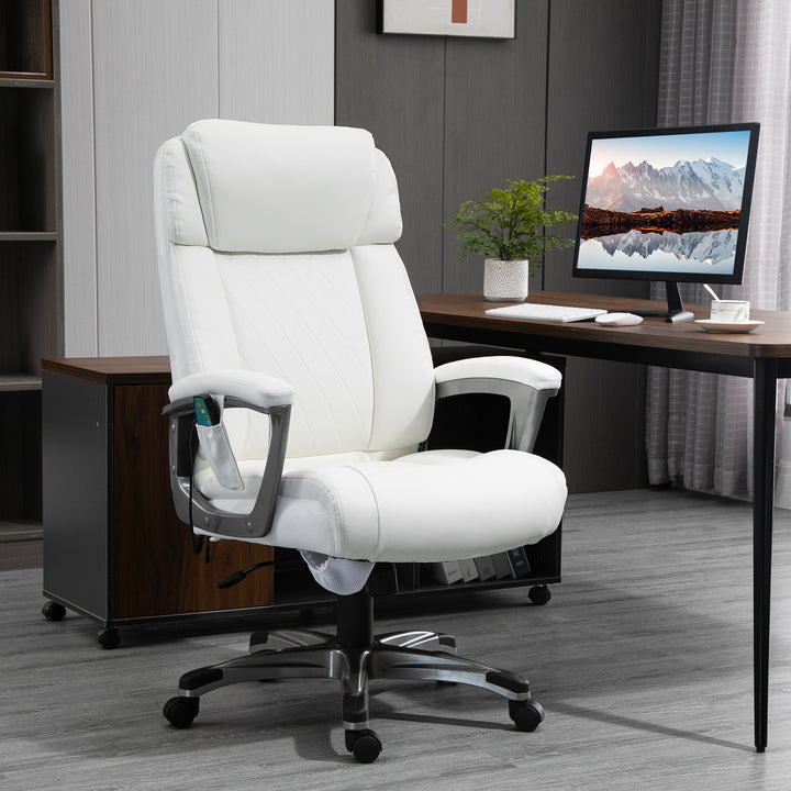 Massage kontorstol 6-punkts massage drejestol ergonomisk stol justerbar kunstlæder med buet nakkestøtte og armlæn hvid 70 x 76,5 x 114-124 cm