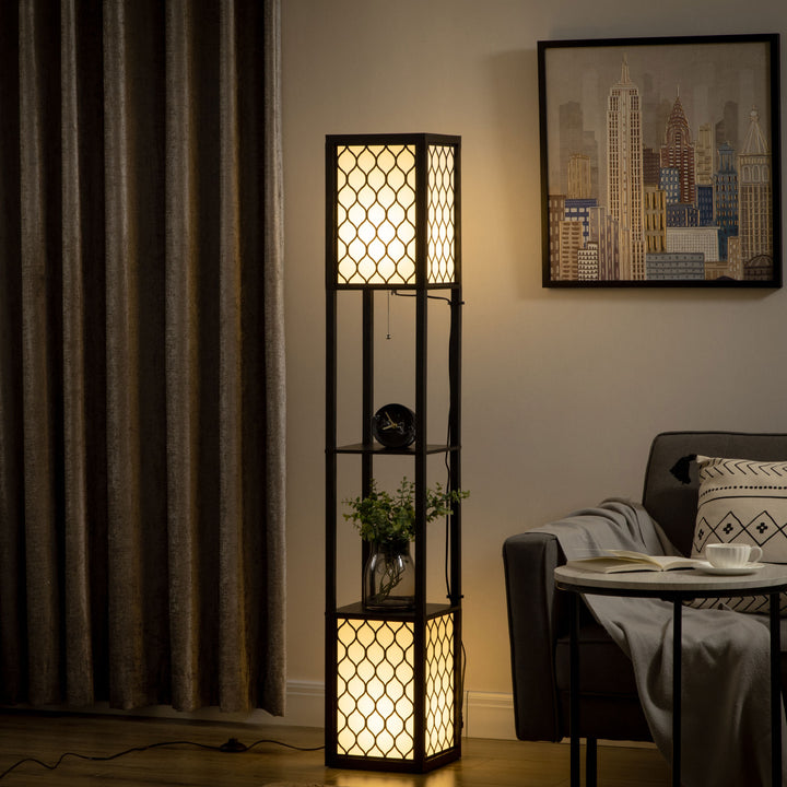 Gulvlampe i moderne design, 2 hylder, trækkædeafbryder, 26 cm x 26 cm x 156 cm, sort + hvid