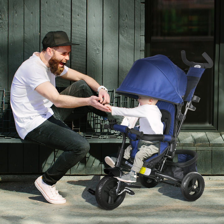 Børnetrecykel, børnecykel, bagkurv, kopholder, solskærm, metal, mørkeblå