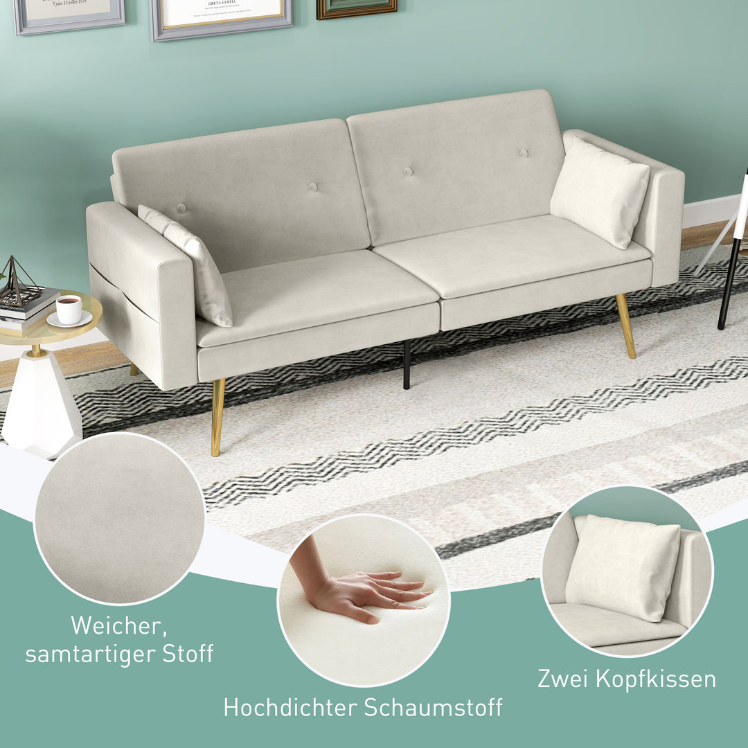 2-Personers sovesofa, justerbar ryglæn, bløde hynder, fløjlsbetræk, til stue, gæsteværelse, beige