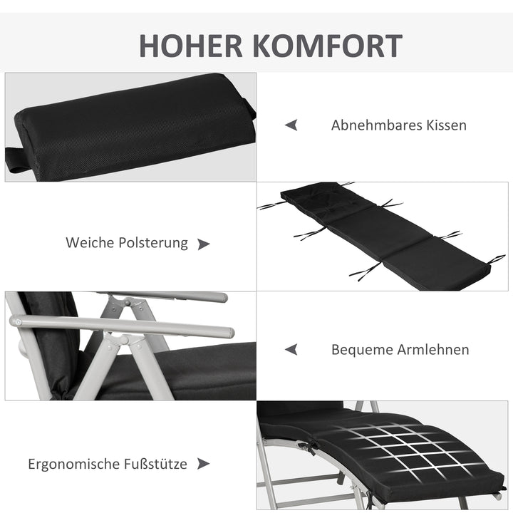 Foldbar solseng med nakkestøtte og sædehynde, liggestol med 7-vejs justerbar ryglæn, haveliggestol, afslapningsliggestol, lasteevne op til 165 kg, til haveferie, udendørs, sort