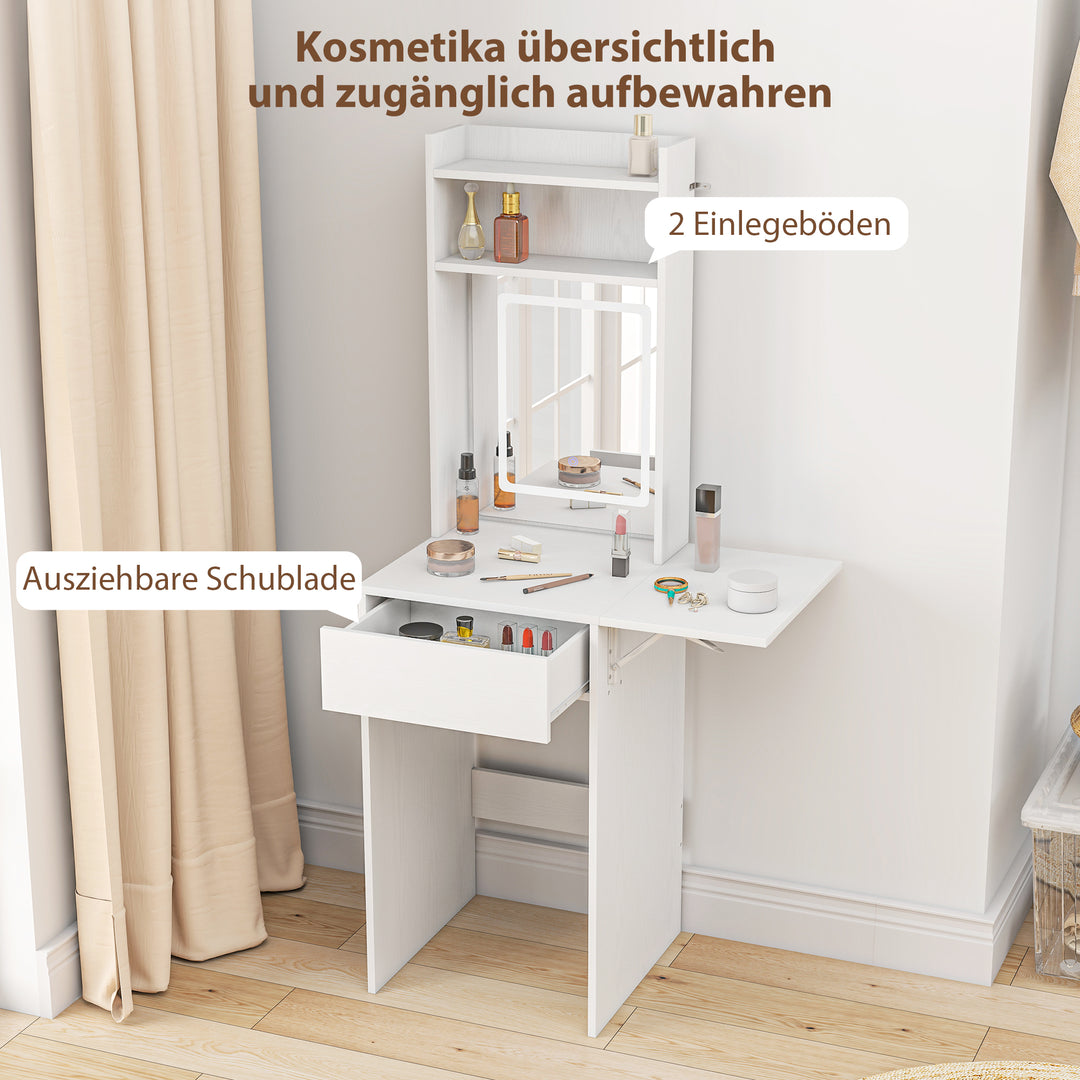 Kompakt sminkebord med spejl og led-belysning, sammenklappelig bordplade, åbne hylder, skuffe, mdf, hvid