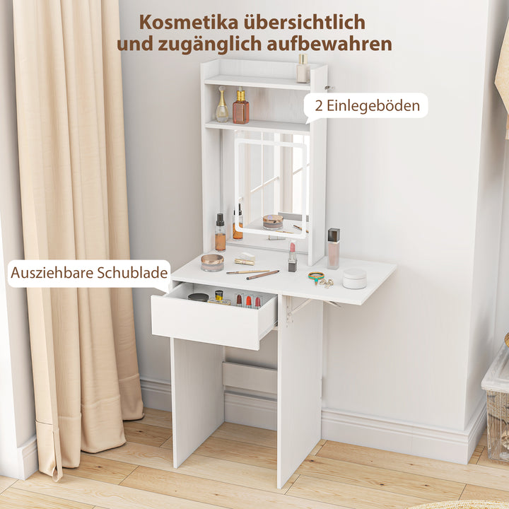Kompakt sminkebord med spejl og led-belysning, sammenklappelig bordplade, åbne hylder, skuffe, mdf, hvid