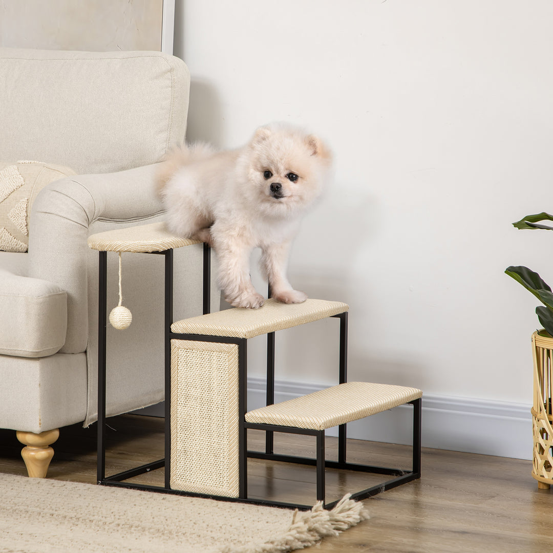 Kattetrappe med kradsebræt, 3 trin, legebold, robust, stål+sisal, cremehvid+sort, 51 x 54 x 53 cm