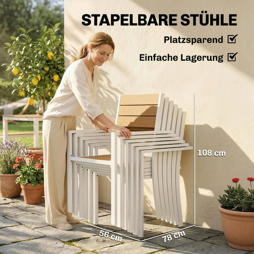 Havemøbelsæt, siddegruppe, 7 dele, bord med 6 stabelbare stole, trælook, aluminiumsstel, teak