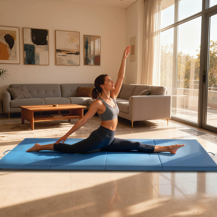 Træningsmåtte, foldbar fitnessmåtte, sportsmåtte med håndtag til yoga, MMA, fitness, Pilates, 240 x 120 x 5 cm, lyseblå