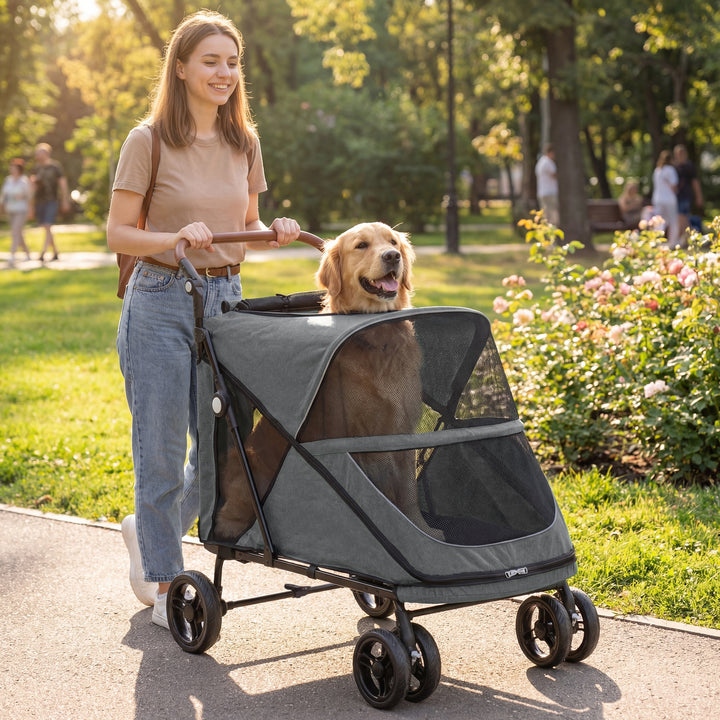 Sammenklappelig hundevogn/klapvogn til store hunde op til 30 kg med 360° drejelige hjul, netvindue, hynde, justerbart håndtag, grå