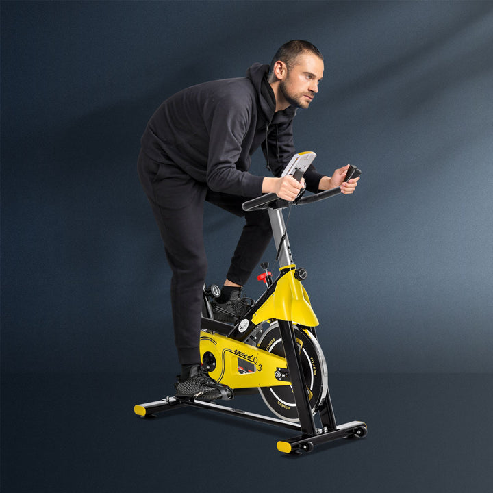 Cykeltræner højdejusterbar motionscykel fitnesscykel rulletræner med remtræk lcd-display stål abs gul + sort 45,5 x 100 x 101-113 cm