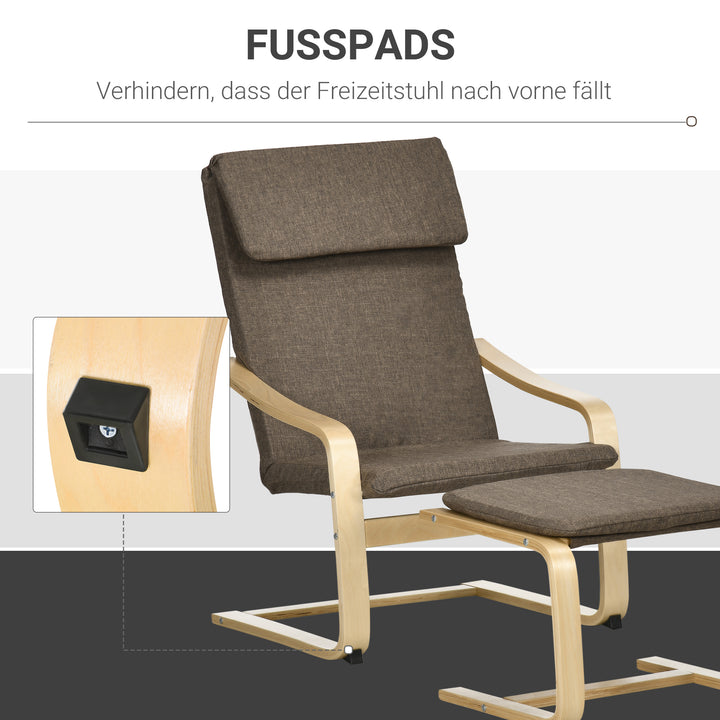 Lænestol med fodskammel, lænestolsæt, hørlook, massivt træ, brun + natur