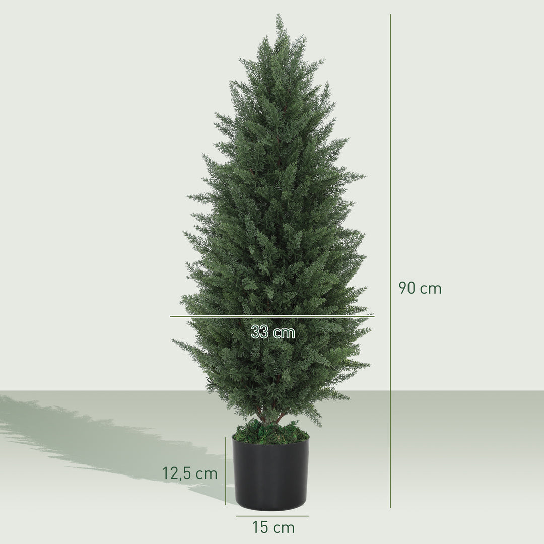 Sæt med 2 kunstige cypresser med 831 blade, med cementpotte, uv-resistent, kunstig plante, 90 cm, grøn