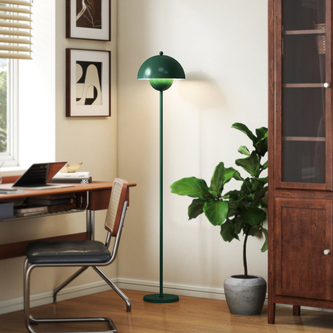 Gulvlampe, rund skærm, fodkontakt, lang kabel, elegant look, stål, grøn