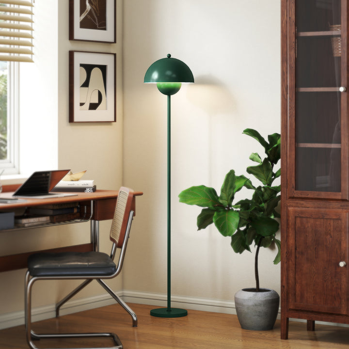 Gulvlampe, rund skærm, fodkontakt, lang kabel, elegant look, stål, grøn