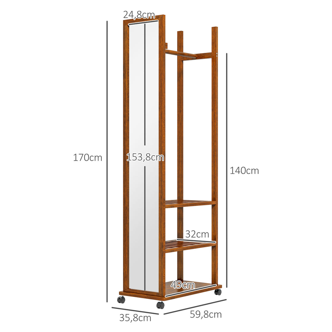 2-I-1 spejlgarderobe i fuld længde, 1 garderobestang, 3 hylder, 35,8 x 59,8 x 170 cm, naturfarvet