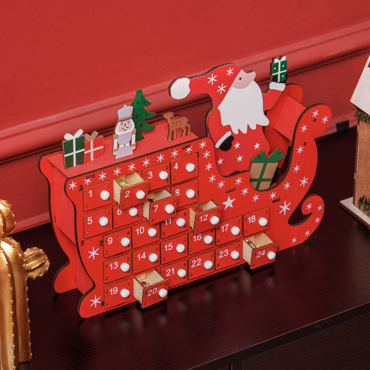 Julekalender julemanden med kane, 24 rum, genanvendelig, 22,5 x 8 x 36 cm, rød