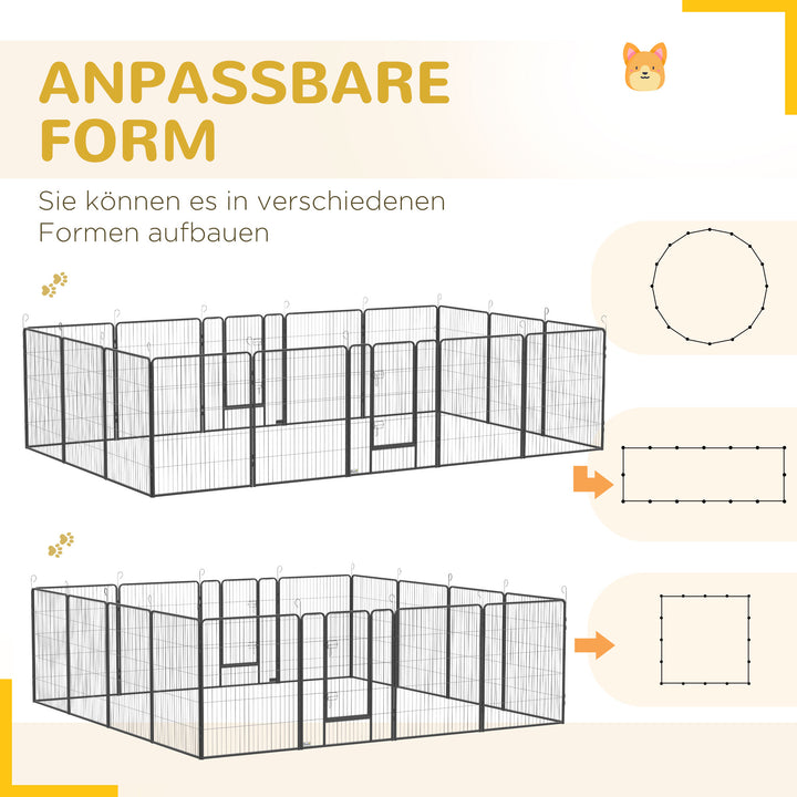 Hvalpegård, modulært design, 16 elementer, 2 døre, vejrbestandig, stål, 3,2 x 3,2 x 1 m, grå