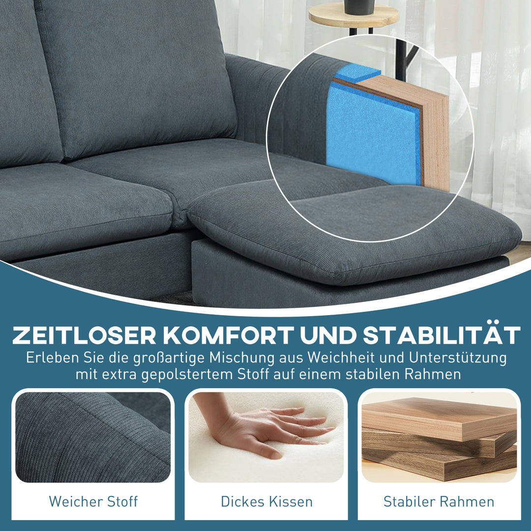 Hjørnesofa, 3-personers sofa med fodskammel, stofbetræk, L-formet sofasæt, mørkegrå