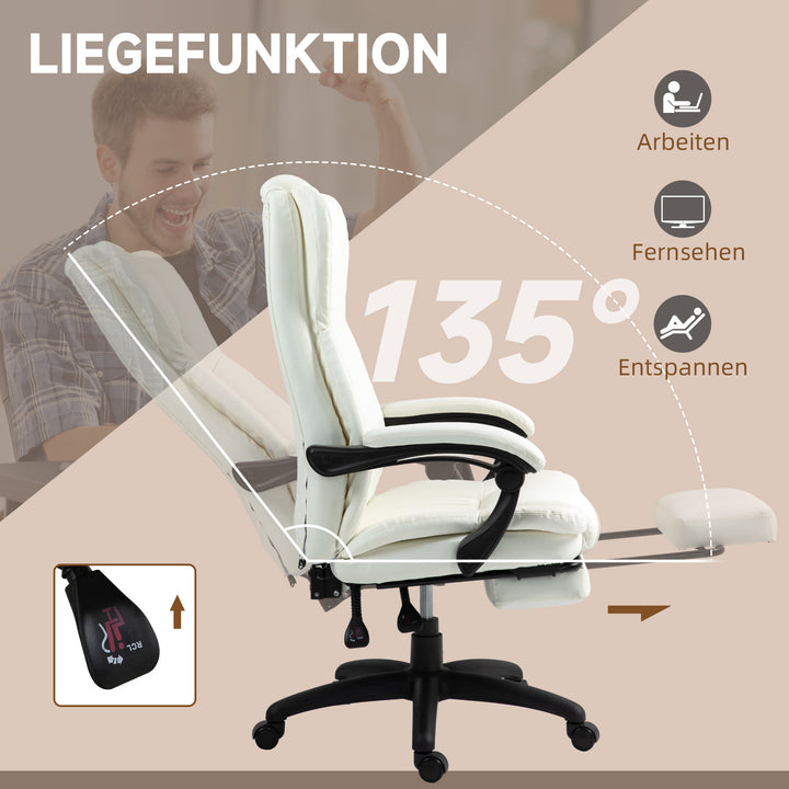 Justerbar drejestol med fodstøtte, nakkestøtte, massagefunktion, kunstlæder, 68,5x68,5x113-121cm, cremehvid