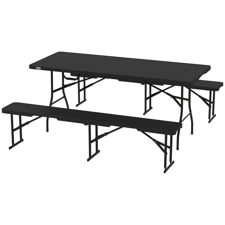 Picnicbord og bænke, 3-delt sæt, foldbart, plastik, metal, sort