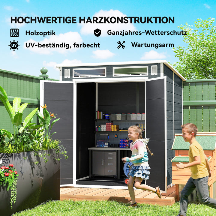 Haveskur 2,89 m², redskabsskur med trælook, 3 vinduer, dobbeltdør, ventilation, gulv, lås, 182 x 182 x 196 cm