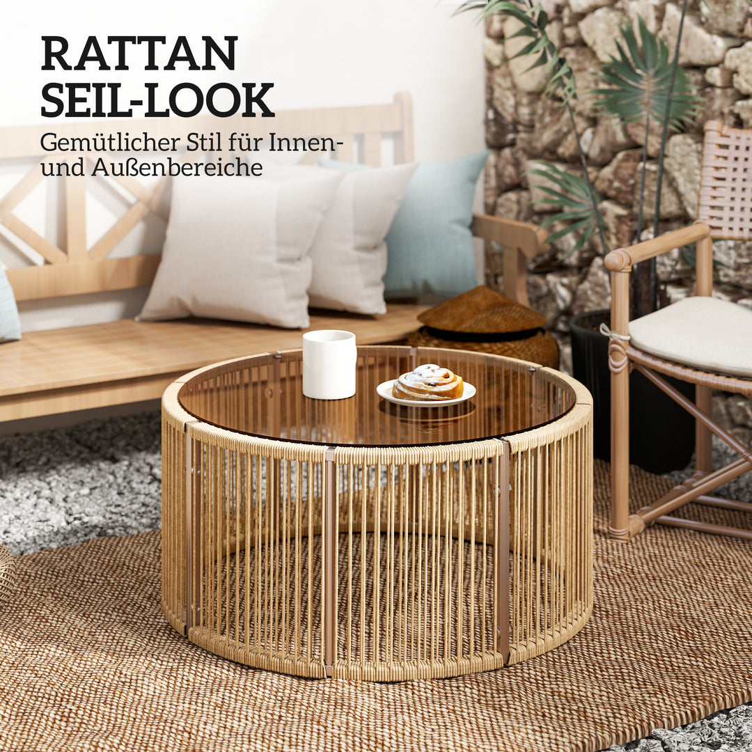 Sidebord af polyrattan, sofabord med hærdet glasplade, havebord med stålstel, 70 x 70 x 33 cm, brun