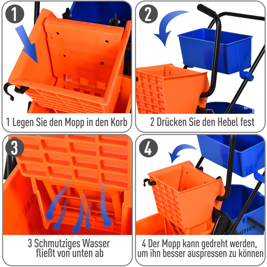 Rengøringsspand, moppespand, rullebar, 26 liter, plast, metal, orange