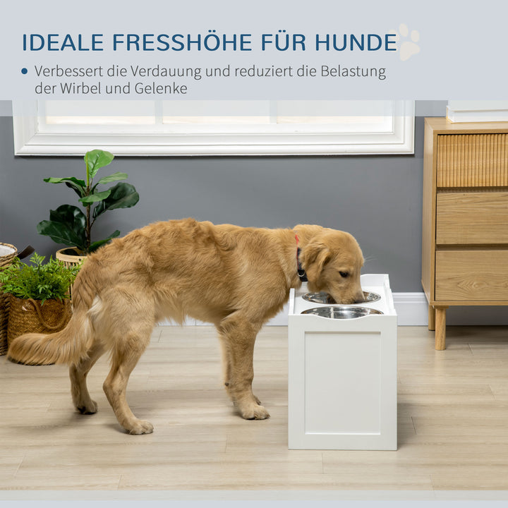 Foderstation, skålstativ, 2 2-liters foderskåle, rustfrit stål, til store hunde, hvid, 63 x 30 x 24 cm