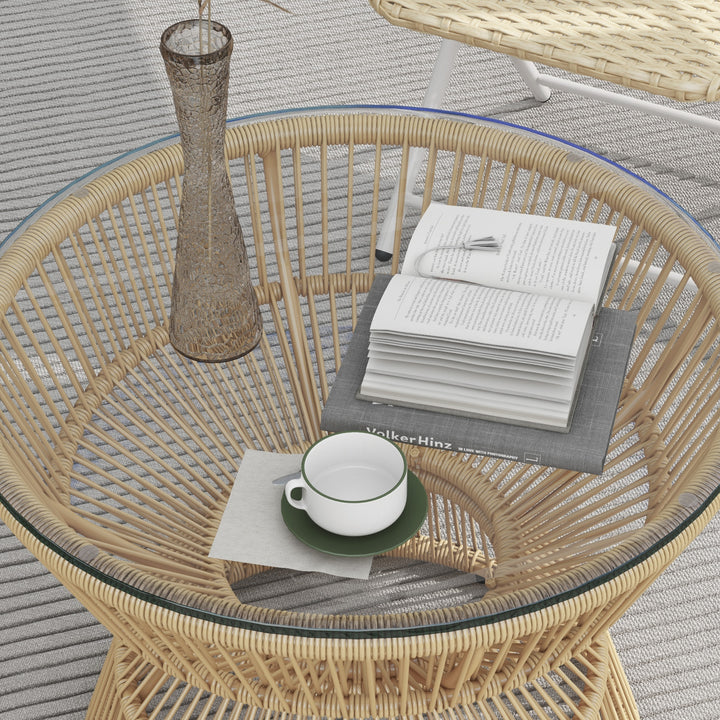 Udendørs sidebord, havebord, rattan sidebord, glasplade, PE-rattan, 60 cm x 60 cm x 50 cm, naturlig