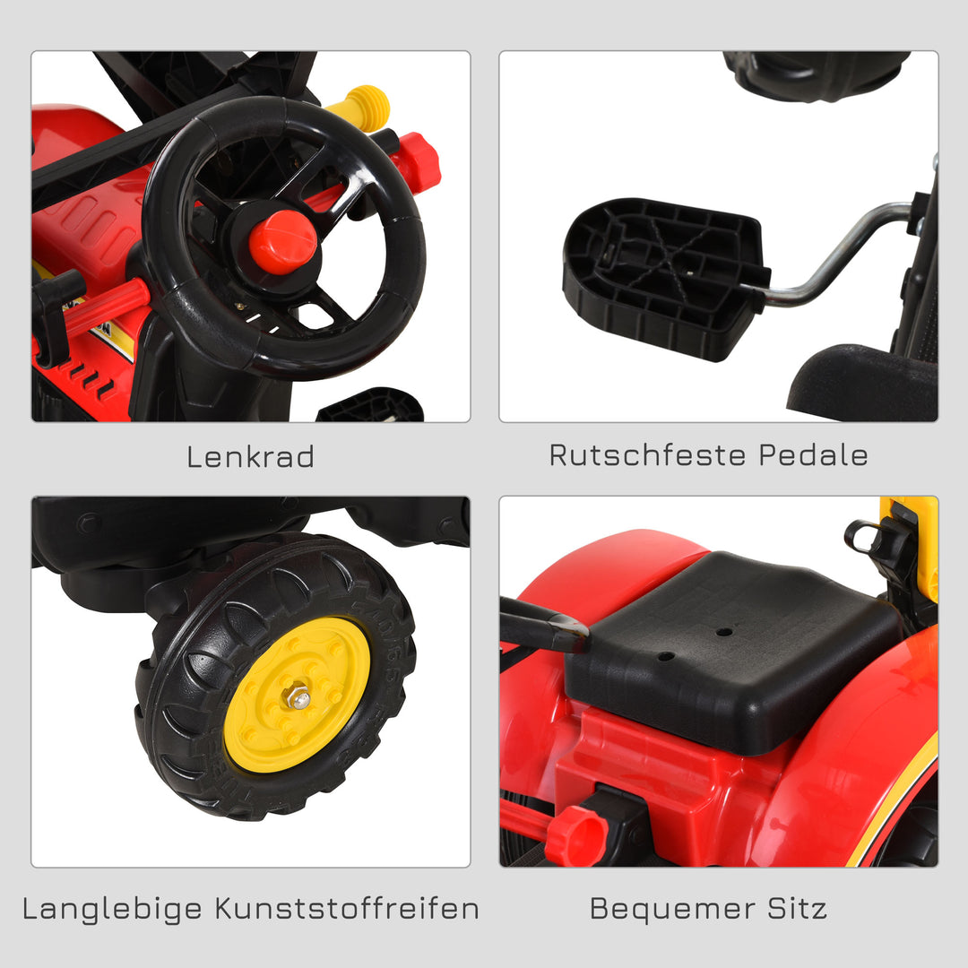 Pedaltraktor med anhænger, frontlæsser, justerbar skovl, traktorpedalkøretøj til børn fra 3 år, rød