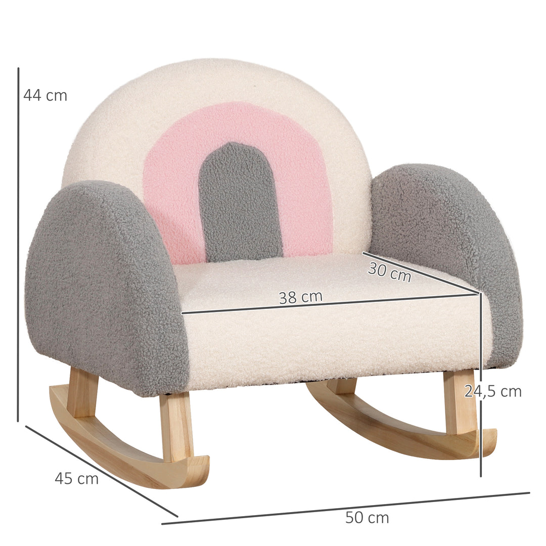 Gyngestol til småbørn, sødt design, kunstigt fåreskind, eukalyptustræ, 50 x 45 x 44 cm, grå+lyserød+creme