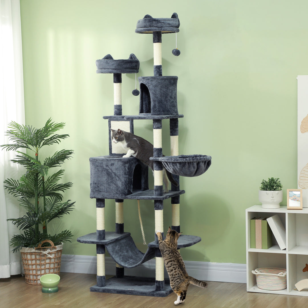 Kradsetræ 206 cm kattetårn med hule, 2 legebolde, sisalstolper, platform til store katte, mørkegrå