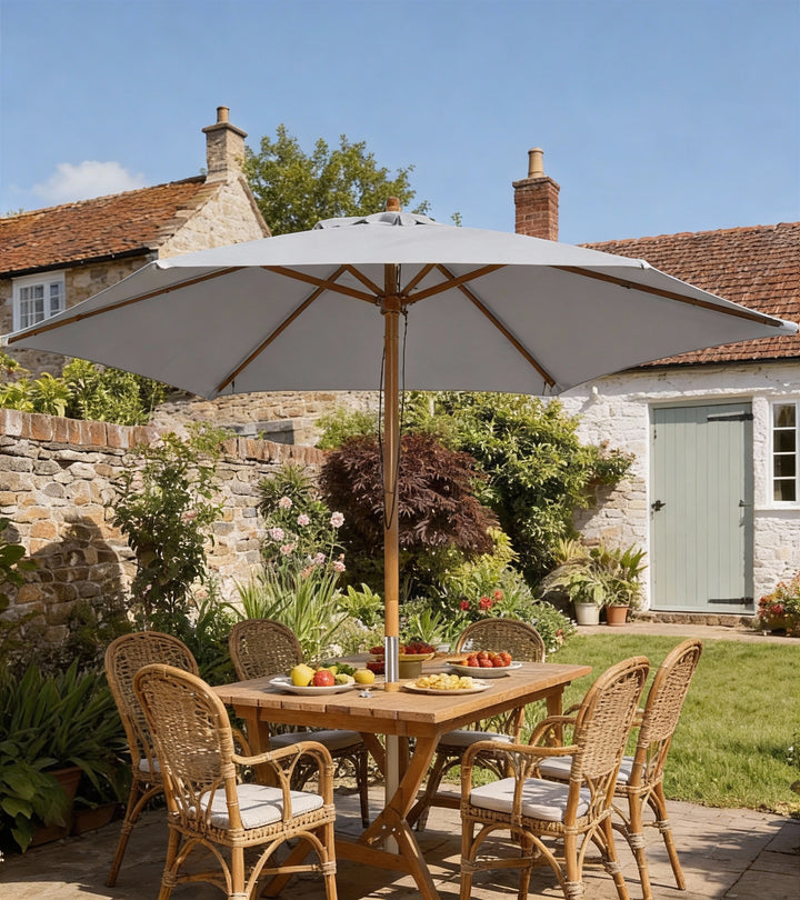 Parasol Ø 250 cm, parasol med rebtrækmekanisme, balkonparasol, strandparasol af bambus, vindtæt, markedsparasol, solskærm til balkon, terrasse, have, grå