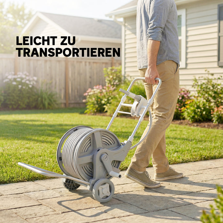 Slangeopruller med 45 m slange, 2 sprøjtemønstre, haneadapter, håndsving, 2 hjul, 45 x 44 x 78 cm, grå