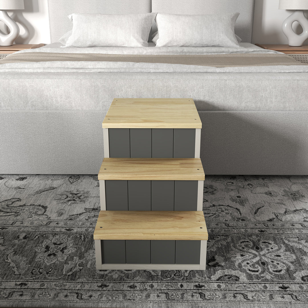 Kæledyrstrappe hundetrappe, 3 trin, fyrretræ, 79 cm x 38,5 cm x 45 cm, naturlig + hvid