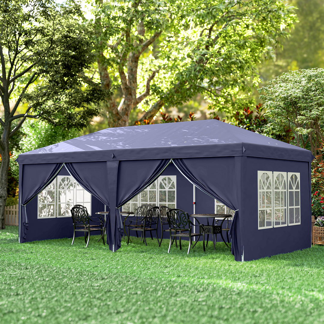 Foldbar pavillon 6 x 3 m, aftagelige sidepaneler, store vinduer, lynlåsdøre, stålramme, blå