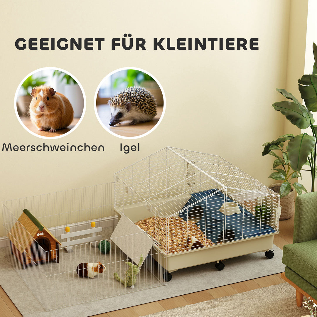 Bur til små dyr, balkon, rampe, fodertrug, vandflaske, 2-etagers design, hvid