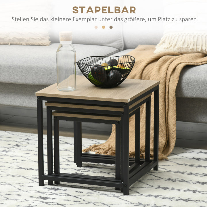 Indskudsbord sæt med 3 sideborde, industridesign, sort stålstel, bordplade i trælook