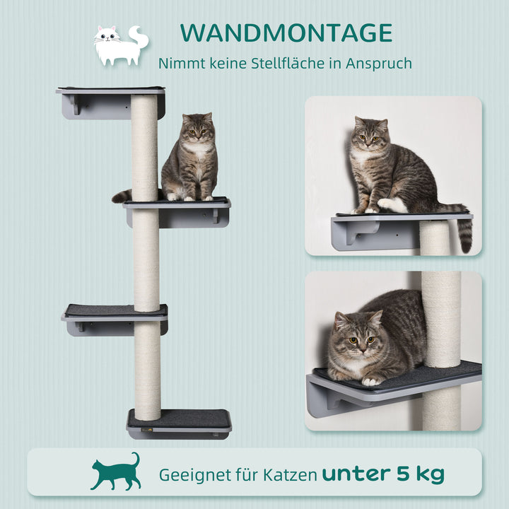 Vægmonteret kradsetræ til katte, kattemøbler til væggen, træ, lysegrå + beige, 66 x 28 x 137 cm
