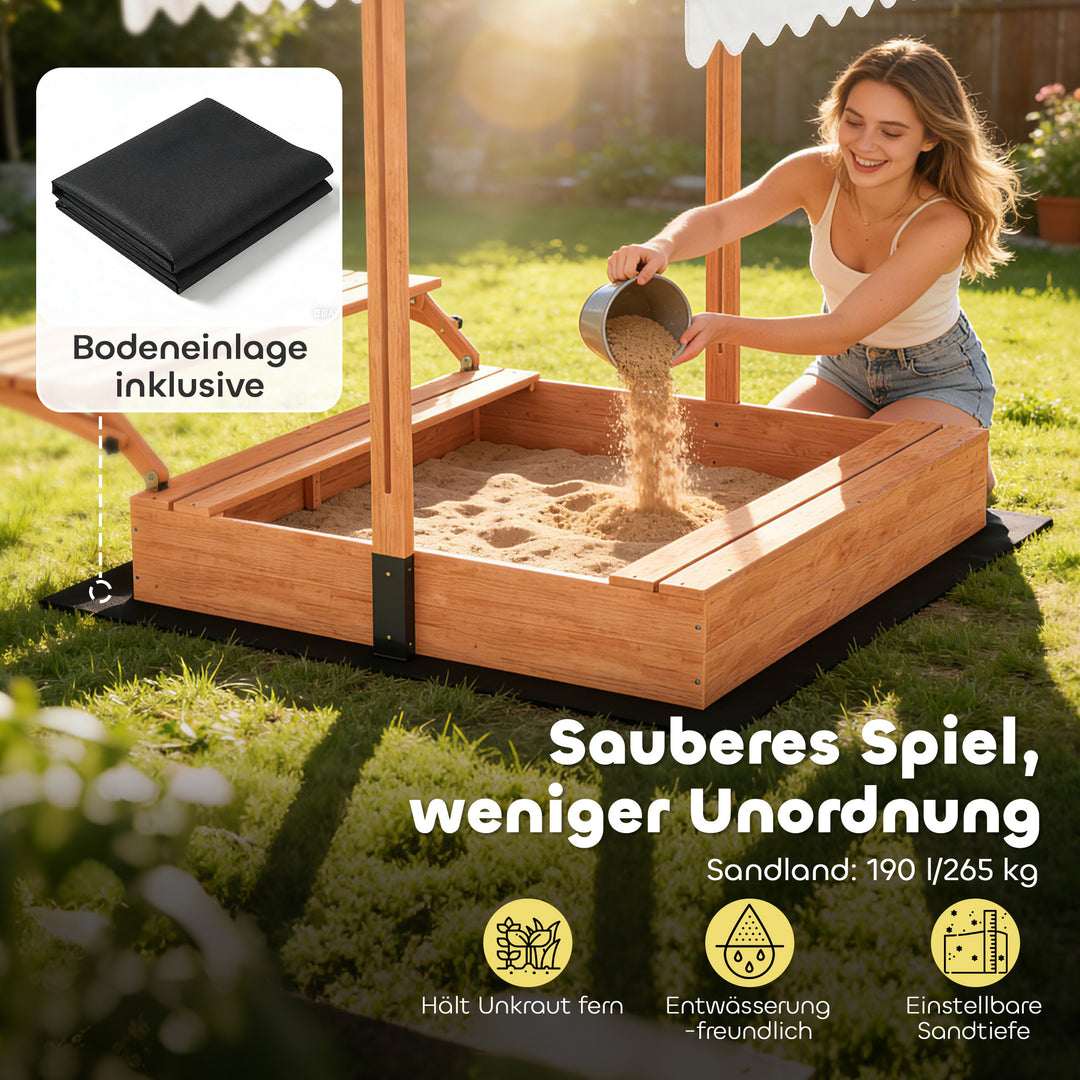 Træsandkasse med tag, sammenklappeligt picnicbord og bænke, til børn i alderen 3-8 år, 184 x 110 x 120 cm, brun