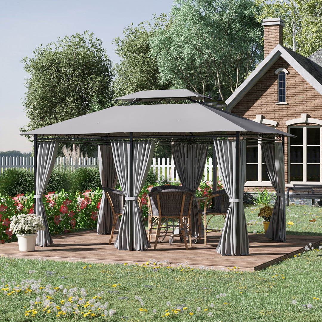 Pavilion 3x4m havepavillon med 6 sidepaneler festtelt havetelt med dobbelt tag mørkegrå
