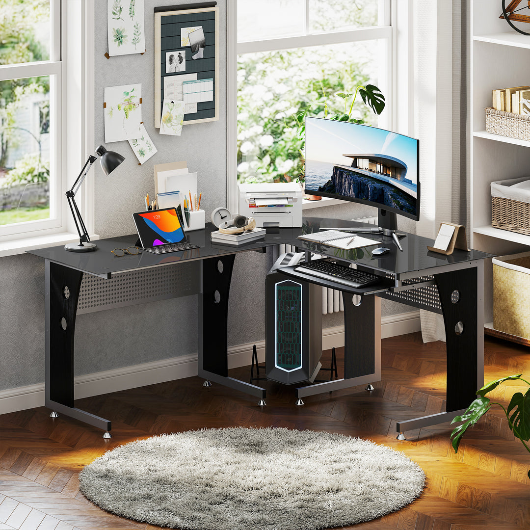 Computerbord hjørnebord kontorbord pc-bord med sort sikkerhedsglas l-formet 164x139x75 cm