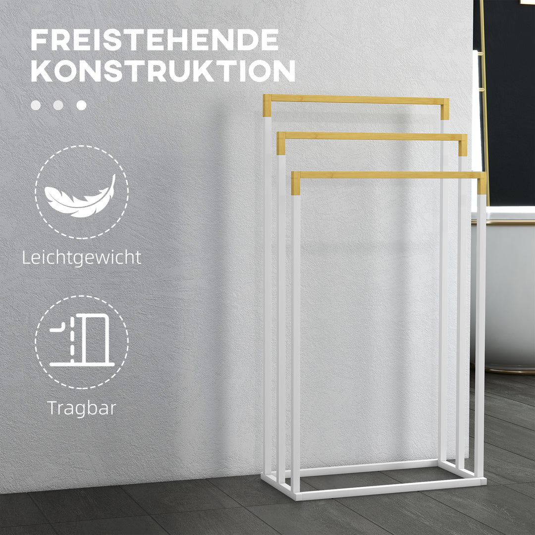 Kleankin håndklædeholder håndklædeholdersæt med 3 håndklædestænger, industrielt design, bambus, 45 x 22,5 x 86 cm, hvid + naturlig